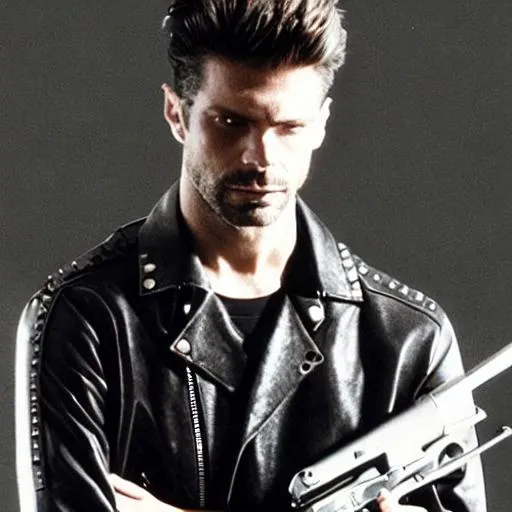 Prompt: 1990 screengrab of male model Max Payne wearing a black leather biker jacket with silver studs, paired with black skinny jeans and a white t-shirt featuring a bold Balenciaga logo, fashion movie scene, Balenciaga commercial
