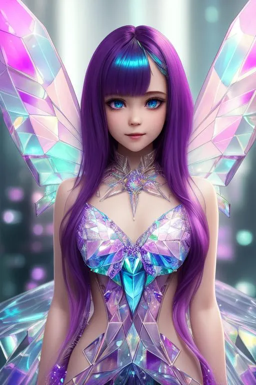 Prompt: ((crystal fairy)), cyberpunk, 6 diamond shaped moth wings, 6 year old girl, crystalized dress shirt, long hair, pale skin, small chest, grin, crystals, crystalized landscape, symmetrically colored hair, ((full body)) {{good looking}} {{cute}} {{good body}} {{tight}}, {{shadows}},