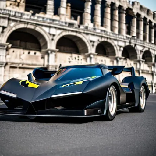 Prompt: close up shot of the Batmobile parked outside the colloseum. natural daylight, camera standard lens front on shot, 4k, hdr, photo realistic