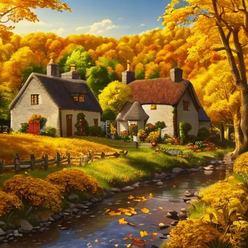 Prompt: English Flower Cottage village surrounded by a Forest of Elder Tree with Golden orange and golden yellow leaves and a creek under a Bright Golden Autumnal Sunlight