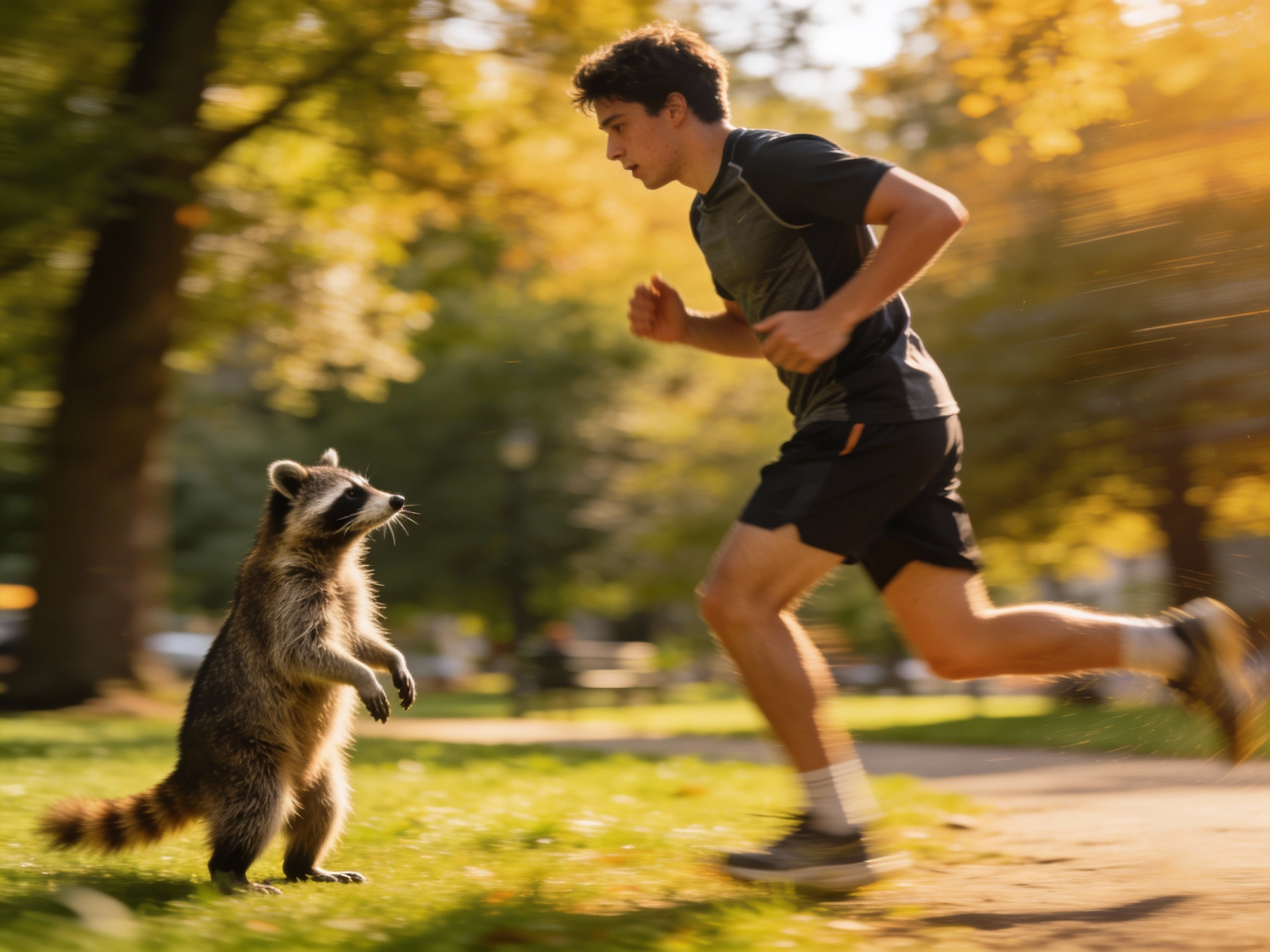 Young man running through the park and stops running...