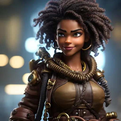 Prompt: Raw, masterpiece, highly detailed character design, comic book style, perfectly centered, steampunk female dark skinned engineer with goggles pushed up onto a messy mop of curly hair, Highly detailed body, Perfect arms, Tools dangle from belts, a trusty wrench is clutched in one hand, a mischievous grin, maximum details, highly detailed, sharp focus, intricate details