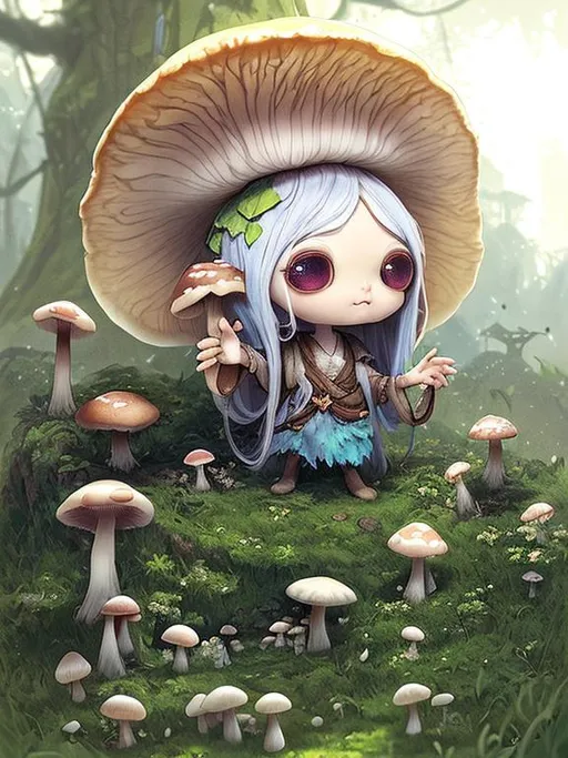 Prompt: mushroom leshy, pathfinder, d&d, cute face, big eyes, adorable clear clean, by lya kushinov, Avetetsuya Studios, Alexandra Fomina artstation, by Makoto Shinkai, digital 2D, matte painting 