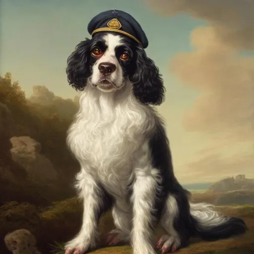 Prompt: Badly painted portrait of a black and white spaniel with long floppy ears, wearing a sea captain hat with gold braid trim and a noble expression, facing forward, A soft, golden landscape background