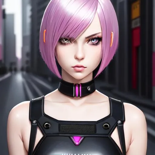 Prompt: cyber punk, insanely beautiful 16 year old girl. pink and black hair. one side shaved bob cut hair.  beautiful deep grey eyes. perfect anatomy. symmetrically perfect face. hyper realistic. super detailed. soft colours. no extra limbs or hands or fingers or legs or arms. standing on the street. pale skin. smooth texture.