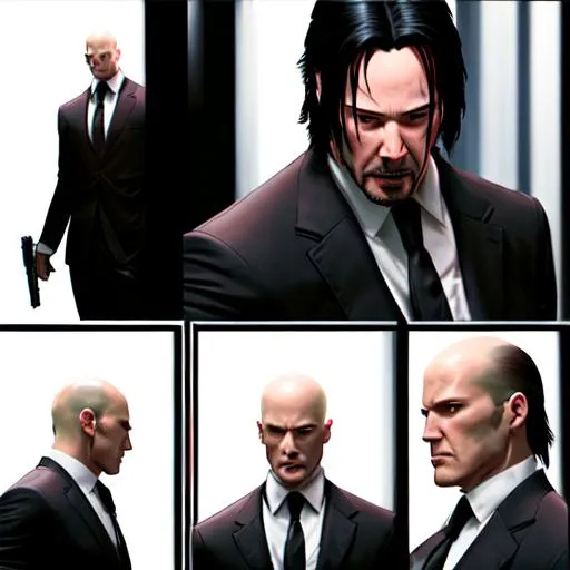 Keanu Reeves fighting agent 47 in a bank OpenArt