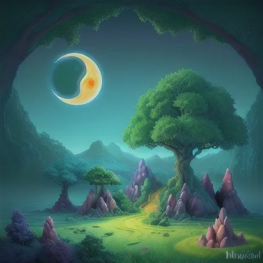 Prompt: The island of mysterious hills, where night and day meet, the sun and the moon at the same time, lush trees, enchanted rocks, vibrant flowers, magical atmosphere, surreal landscape, high quality, surrealism, nature, fantasy, imaginative, mystical lighting, detailed scenery, dreamlike, vibrant colors, surreal