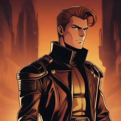 Prompt: A masculine scifi european cyborg soldier. very short bright brown slicked back pompadour undercut hair with shawed sides and light chestnut highlights, round face, broad cheeks, glowing eyes, wearing a black retro futuristic leather jackett with borg armour underneath, Akira art. Anime art. Captain Harlock art. Leiji Matsumoto art. 2d art. 2d. well drawn face. detailed.