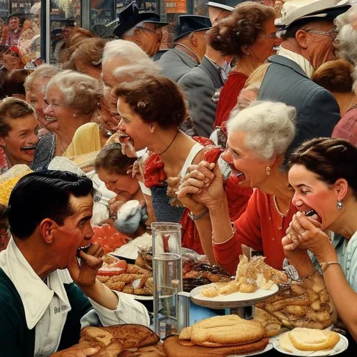 Prompt: People consuming and smiling but crying and shopping. Like a norman rockwell painting