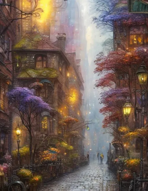 Prompt:  Cobblestone street, Fantasy Forest trees,  Watercolor, steampunk, New York City street,  near death experience, buildings,  trees, tall trees along street, storefront, sunrise, petals rain, watercolor , New York City,  art by Daniel Merriam, Josephine Wall, Jeremy Lipkin,  Alayna Danner,  super clear resolution,  intricate, highly detailed, crispy quality, dynamic lighting, hyper-detailed and realistic, fantastic view