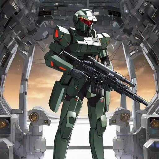 Prompt: whole body, full figure. A zeon soldier from Gundam 0079. He wields a rifle. black armor. dark grey details. Helmet on head. In background a space station. Tominon art. Anime art. 2d art. 2d. detailed. HD.
