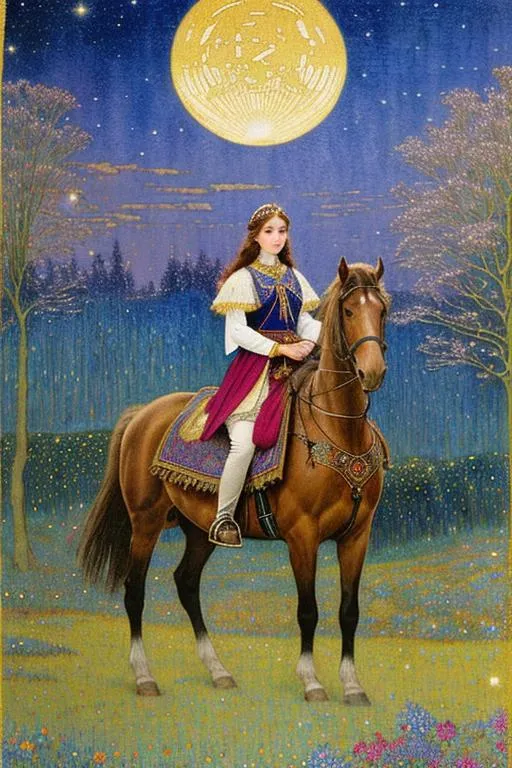 Prompt: Inlay Aubusson tapestry: a winter enchanted beautiful princess and her white horse, a whimsical village landscape background under a beautiful twilight night sky art by Carlos Schwabe, Edmund Dulac, Iris Scott, John Lowrie Morrison, Thomas Edwin Mostyn, Gustav Klimt, John Piper, William Timlin, John Bauer. 3/4 portrait, beautiful pastel aquarelle colours, crispy quality, cinematic smooth, polished finish, high quality, very clear resolution, blue, gold and rose tones, metallic glow