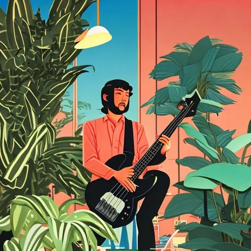 Prompt: vintage bass guitar player surrounded by plants with face obscured in style of Hiroshi Nagai painting