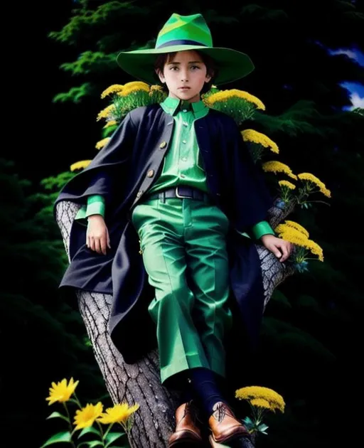 Prompt: There is a boy dressed in green, as a wizard, using a black hat, lying on a tree covered on yellow flowers. The boy is on a meadow where little clouds are running. There is a beautiful perfect blue sky. hyper realistic, details, epic, high definition, attention to details.