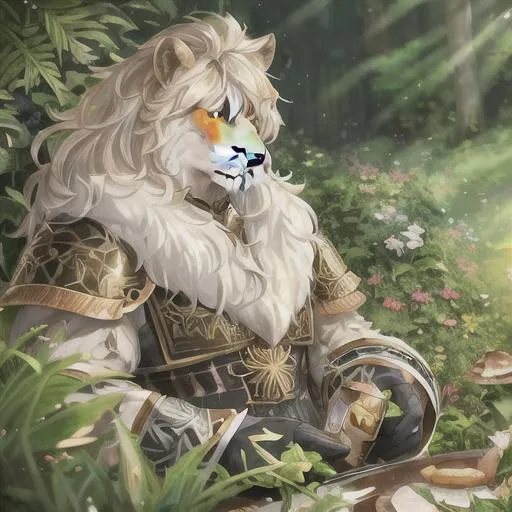 Prompt: portrait of a (Buff Leonin Paladin, with White fur and black skin, small lion ears) Wearing plate Armor. Jungle background with rustic camouflage details including leaves and Flowers and Colorful Mushrooms, D&D setting, perfect composition, hyperrealistic, super detailed, 8k, high quality, trending art, trending on artstation, sharp focus, studio photo, intricate details, highly detailed, by greg rutkowski and alphonse mucha


