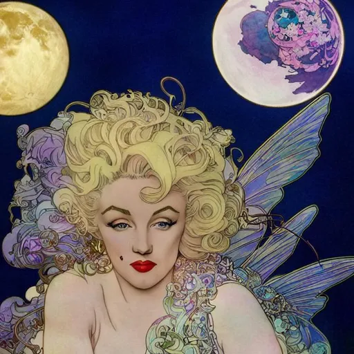 Prompt: Art nouveau poster by mucha and Artgerm portrait of Marilyn Monroe as a winged fairy, fluffy moon, gold filigree, swirling lines of pastel colors, award-winning cgi, blender 