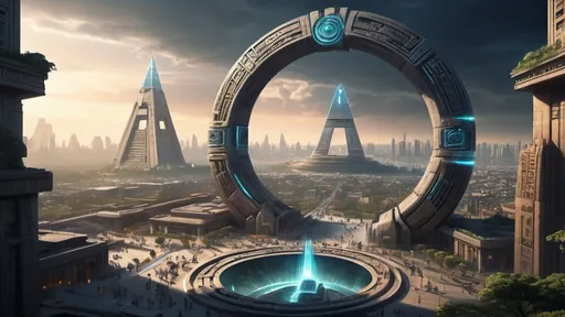 Prompt: magical portal between cities realms worlds kingdoms, circular portal, ring standing on edge, upright ring, freestanding ring, hieroglyphs on ring, complete ring, ancient aztec architecture, zigurat, pylons, gardens, hotels, office buildings, shopping malls, large wide-open city plaza, panoramic view, futuristic cyberpunk tech-noir setting, open sky