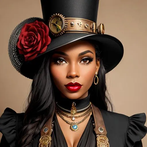 Prompt: black Steampunk woman, pretty face, red lips, tall hat, closeup
