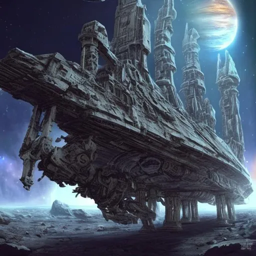 Prompt: star ship space wreck sci-fi ancient war skeleton 