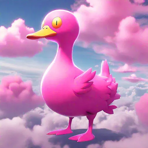 Prompt: Bipedal creature resembling a pink duck with one large eye, no limbs, floating peacefully amidst the clouds, masterpiece, best quality, in digimon style