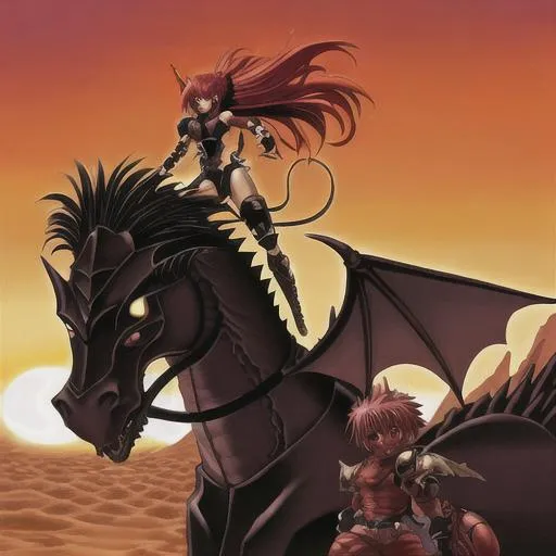 Prompt: desert dragon rider, anime style, black scales, hot sun