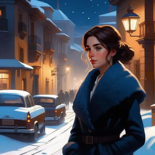 Prompt: Third person, gameplay, Chilean girl, pale skin, freckles, brown hair, brown eyes, 2020s, smartphone, Santiago at night, snow, blue atmosphere, cartoony style, extremely detailed painting by Greg Rutkowski and by Henry Justice Ford and by Steve Henderson 