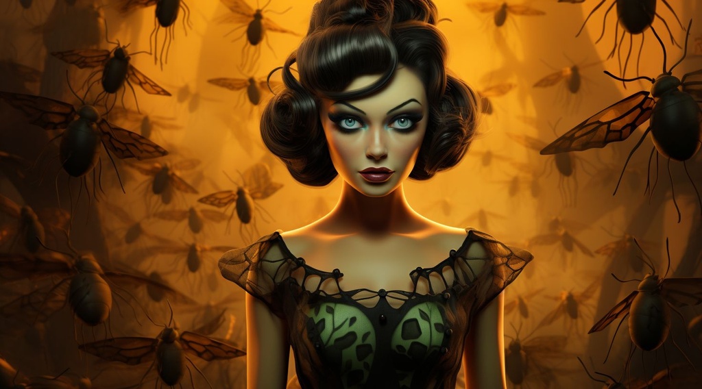 Prompt: halloween woman dressed in a dress, with spiders, in the style of dark orange and light emerald, detailed backgrounds, daz3d, airbrush art, dark brown and yellow, eye-catching detail, children's book illustrations