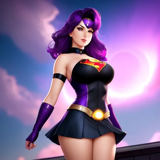 Prompt: A beautiful superhero woman, wearing short skirt, thigh visible, standing on roof, low angle view, cleavage visible, purple hair, symmetrical face, freckles, side lighting