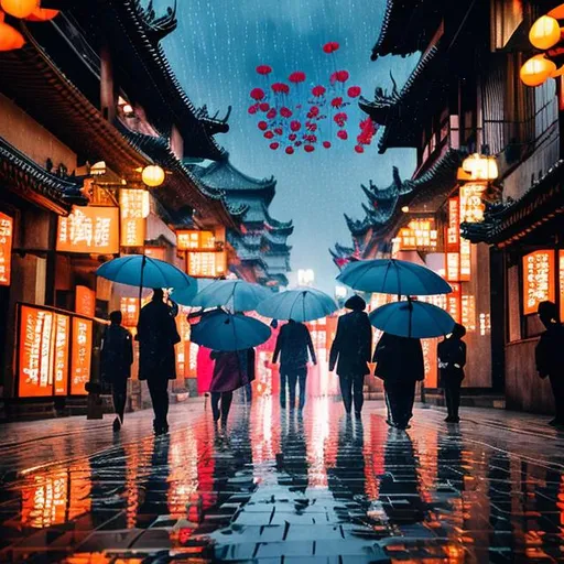 Prompt: rain art people walking out with transparent umbrellas walking out from building romantic scence 中国风
