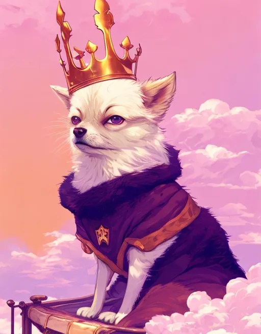 Prompt: Chihuahua Dog, Caramel Colored Eyes , Sitting in a King Chair, Using Sunlight Glasses and with a Crown, Background with Clouds, HDR, high resolution , Poster , 4k , Studio Ghibli Art Style , Centered, Poster, Cinematic Lights, 