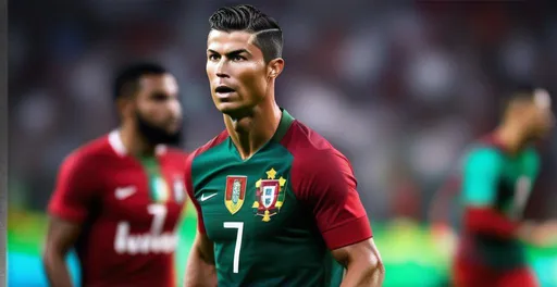 Prompt: Cristiano Ronaldo wearing Portugal jersey with CR7 written on it and carrying the world cup, epicRealism, sharp focus, Professional, UHD, HDR, 8K, Render, electronic, happiness, loud, tension, celebration, Epic