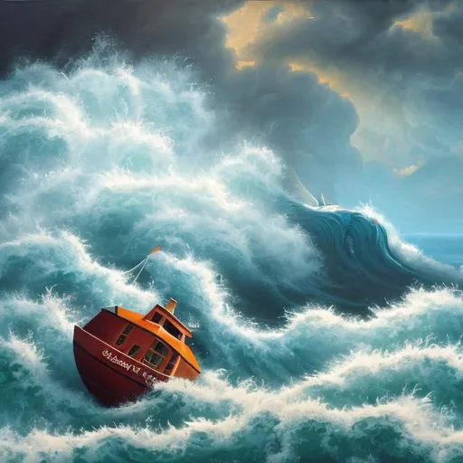 Prompt: oil painting of a small boat in the ocean getting destroyed by a giant wave in a storm