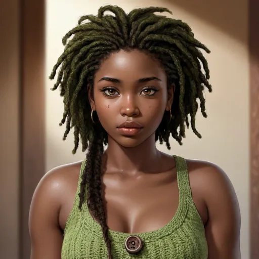 Prompt: 25-year-old African woman, chocolate brown skin, aloof expression, 桃花眼, black eyes, full sienna lips, chubby cheeks, wide bridge button nose, no makeup, black wavy dreads, detailed eyes, lips, hair, curvy overweight physique, collared moss green crochet top, light sparse eyebrows, several beauty marks, Serene library shelves setting, high-res, intense gaze, detailed, atmospheric lighting, close-up, realistic, pretty