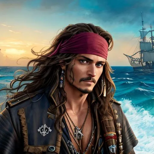 Prompt: "Pirates of the Caribbean" (male:morph to Orlando Bloom) lit by sea reflections in the ocean surf, carefully drawn pirate ships, by greg rutkowski and jody bergsma.

oil on canvas, fantasy, highly detailed, unreal engine, 8k resolution splash art with bright faces and clearly highlighted eyes, hyperdetailed, grunge textures, clean and bold edges, cinematic composition, coherent arbitration, lighting in the style of boris vallejo, chiaroscuro, enamelled glass eyes, heavy paint, wet paint, golden ratio, pencil and kneaded eraser, sharp focus, ambient occlusion, backface lighting, rim light, pastel colors, atmospheric, sense of depth, a masterpiece, trending on zbrush central
