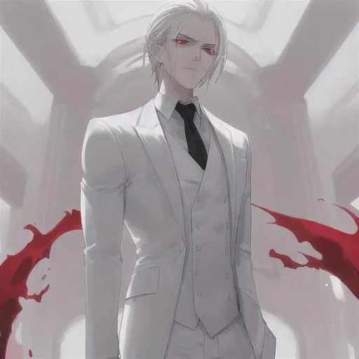 Prompt: man with white medium length unkept hair, red eyes , he wears a white suit, he looks stern 