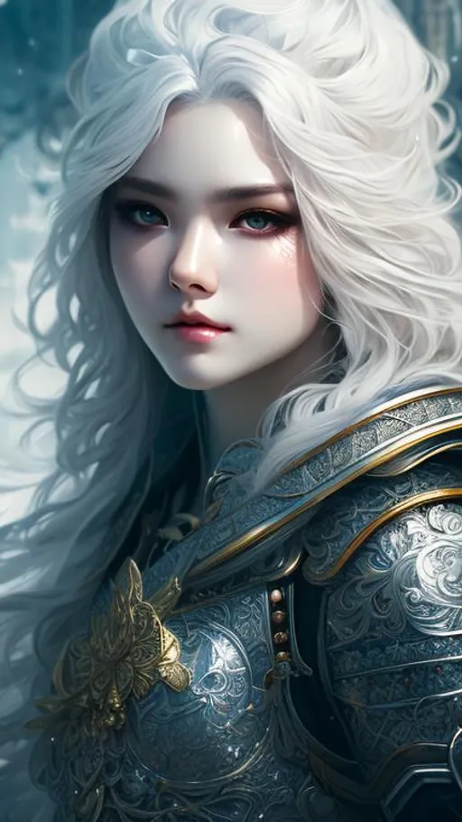 Prompt: hyper detailed painting by sakimichan style and wlop style,  Insanely detailed full body beautiful white hair knight with a sad expression, intricate face, beautiful long hair, rule of third of beutiful landscape ultra HD 4k 10 bit depth