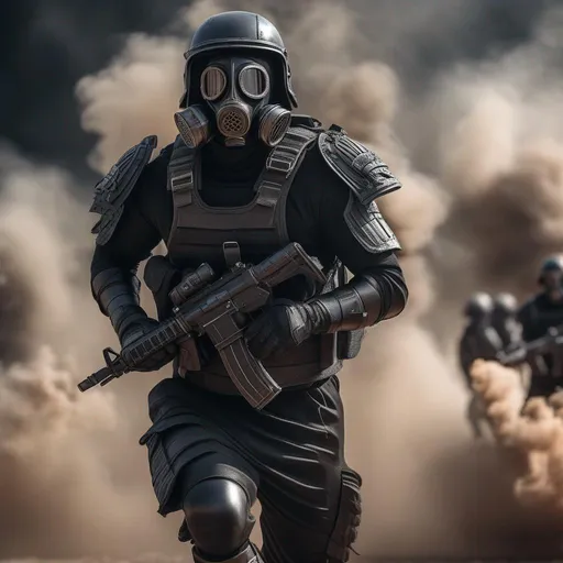 Prompt: A modern roman military male in black military roman armor, and gas mask, running, background sci fi war, Hyperrealistic, sharp focus, Professional, UHD, HDR, 8K, Render, electronic, dramatic, vivid, pressure, stress, nervous vibe, loud, tension, traumatic, dark, cataclysmic, violent, fighting, Epic