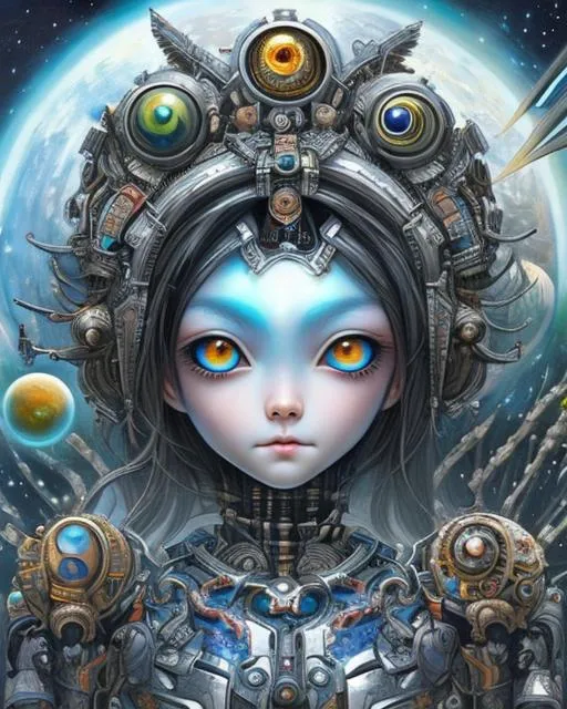 Prompt: robot girl with eyes and head of planets, in the style of the stars art group (xing xing), hyper-detailed illustrations, gadgetpunk, psychedelic manga, realistic figurative paintings, detailed world-building, culturally diverse elements