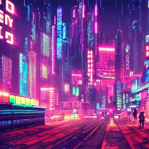 Prompt: dystopian tech city, lots of neon lighting, cyberpunk style city
