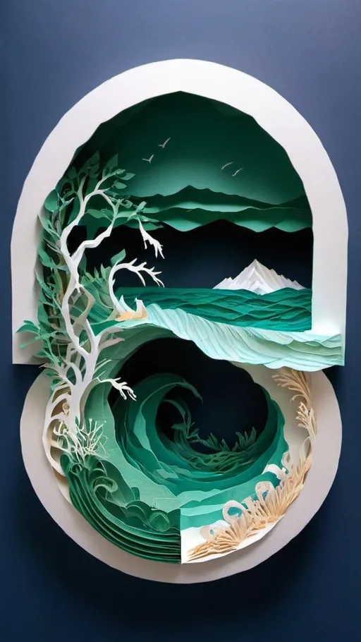 Prompt: 3d, ocean and island, paper work, cyan, and white with emerald green, rough-textured colored paper, masterpiece, handmade
