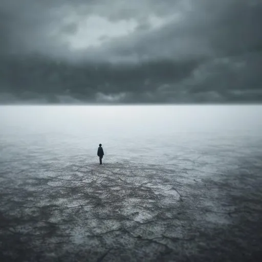 Prompt: Lonely person in a huge abyss of a landscape. Feeling alone and representing a lost and wandering mood hopeless and helpless. Mental obstacles and life troubles. Darker and more gloomy, abstract almost