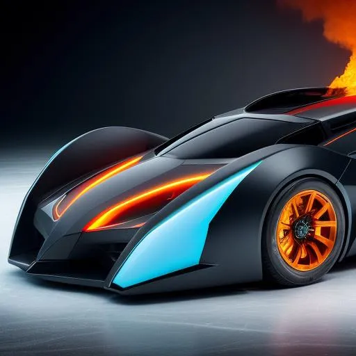 Prompt: Futuristic Batmobile on fire and ice maximum speed 