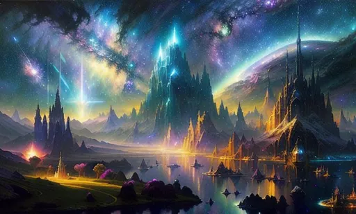 Prompt: ethereal fantasy galaxies in space, painting by Thomas Kinkade and Greg Rutkowski and Gustave Doré and Greg Rutkowski, center frame, hyperdetailed 8k uhd, epic nebula, distant stars and planets