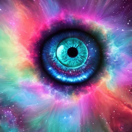 Prompt: beautiful digital art cartoon eye blending with cosmos