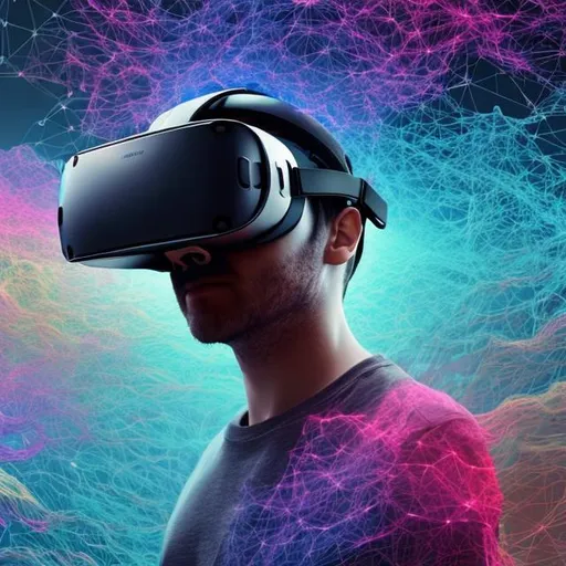 Prompt: Someone immersed in a VR headset exploring a digital landscape.