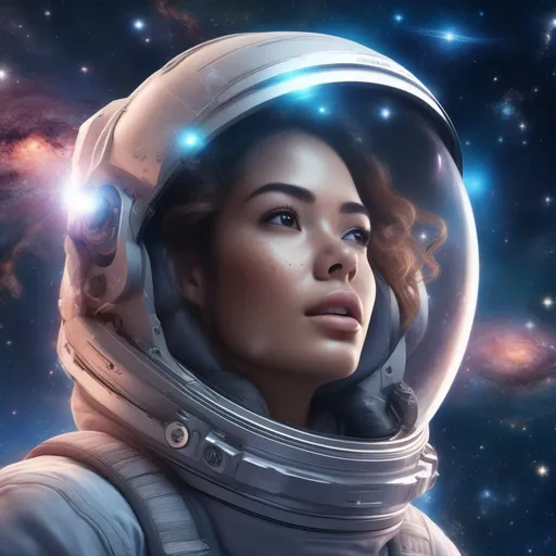 Prompt: A  beautiful, hyper realistic, full bodied image, hyper detailed perfect face, buxom woman, falling through space, galaxies, nebulae and stars