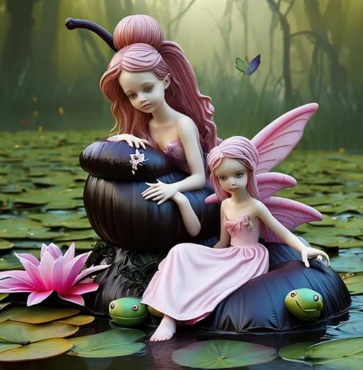Prompt: a inflatable fairy sitting on a huge lily surrounded by frogs on the lake, lake is dark and atmosphere is moody and dark. Fair it is soft colour, airbrush effect 