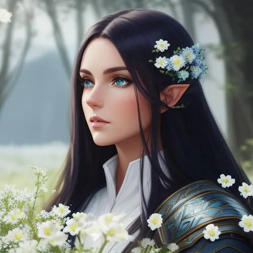 Prompt: Half body portrait of a Artemis the gorgeous hunterss , dark hair, blue eyes, wearing  elven armour and cloak , a dark ambient light in a moonlit landscape ,moonlight, green meadow white flowers , pretty girl, perfect anatomy, centered, highly detailed, character sheet, artstation, concept art, smooth, sharp focus, illustration, intricate, elegant, 8K,  unreal engine,symmetry, perspective 