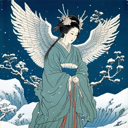 Prompt: Ancient illustration depicting a Japanese woman with wings that resemble tree branches decorated with snow