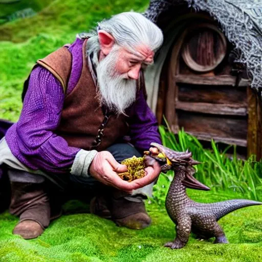 Prompt: The Hobbit farmer, Bilbo Baggins feeds his small newt-like dragon some food. black and purple newt, beardless hobbit, no beard,